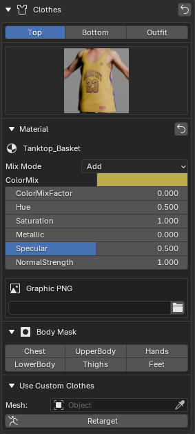 Avatar Creator Clothes panel