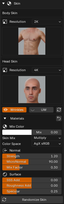 Avatar Creator Skin panel