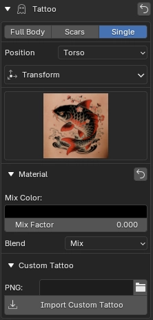 Avatar Creator single tattoo setup
