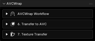 Avatar Wrap panel showing the Avatar Wrap Workflow, Transfer to AVC, and Texture Transfer modules