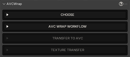 Avatar Wrap panel showing Choose, AVC Wrap Workflow, Transfer to AVC, and Texture Transfer