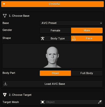 Avatar Wrap Choose panel with AVC Preset, Base, Target, Gender, Shape, Body Part and Load AVC Base controls