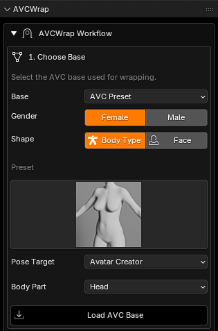Avatar Wrap Choose Base panel with AVC Preset selected