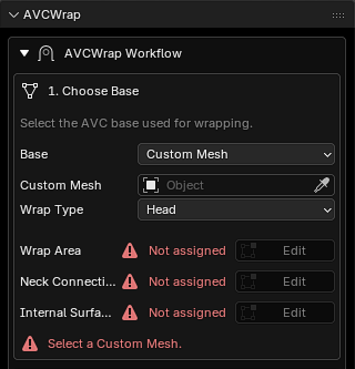 Avatar Wrap Custom Mesh setup with Wrap Area, Neck Connection, and Internal Surfaces