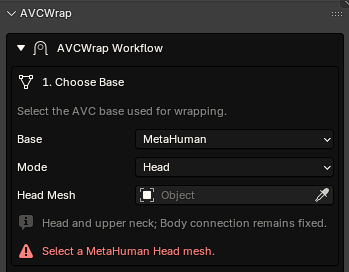 Avatar Wrap Choose Base panel with the MetaHuman preset and Head mode selected
