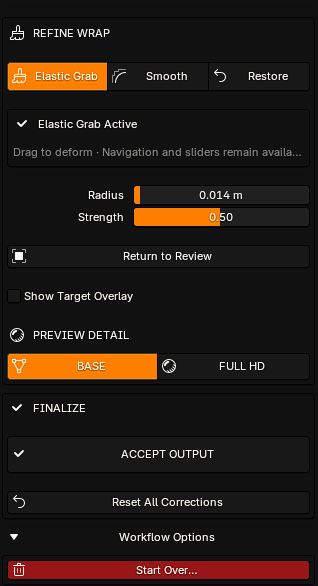Avatar Wrap Refine Wrap panel with Elastic Grab, Smooth, Restore, Target Overlay, Base and Full HD preview, Accept Output and reset controls