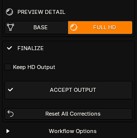 Avatar Wrap Preview Detail and Finalize controls with Base, Full HD, Keep HD Output, Accept Output, Reset All Corrections and Workflow Options